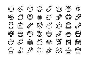 A collection of fruit and dessert icons in a simple line style