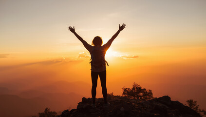 Fototapeta premium Silhouette hiker with raised arms on summit at sunrise, warm glowing sky and triumphant mood