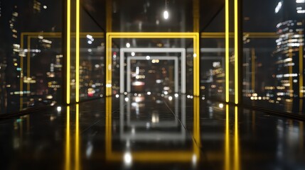 Geometric Corridor with Reflective Floor and Light Emission at Night