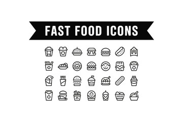 Fast food icons set with various restaurant meal symbols and signs