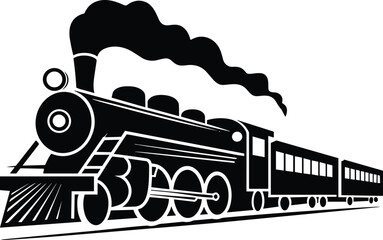 Steam locomotive train silhouette, vintage railway engine illustration, classic passenger transport graphic, black and white retro steam train design, isolated railroad transportation icon © Shahajan