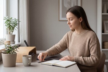 Young woman writing in notebook while sitting at desk indoors  