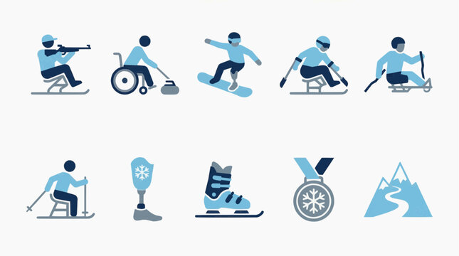 A flat icon set depicting adaptive winter sports, featuring paralympic athletes in biathlon, curling, snowboarding, and ice hockey, with prosthetic limbs, in an energetic visual representation