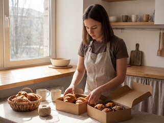 Young woman placing pastries in boxes on kitchen counter indoors  