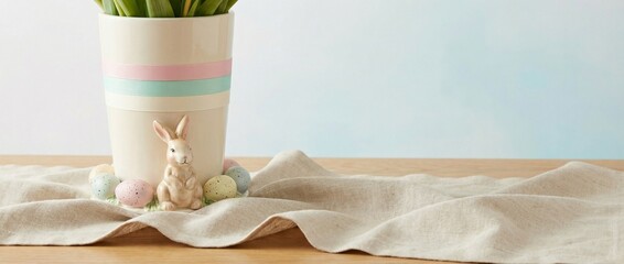 Easter bunny figurine beside potted plant on table with linen cloth  