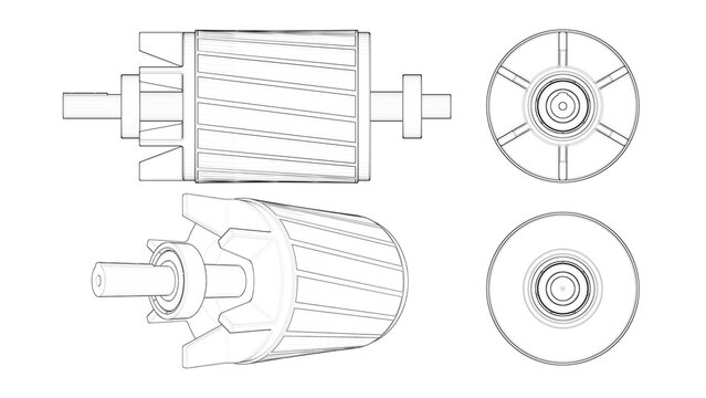 Induction Motor Rotor Drawing - Blueprint. 3D rendering isolated on white background. 3D Mesh, Sketch, Vector style. Ideal for educational, engineering, and industrial design.