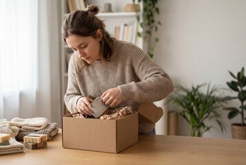 Young woman unpacking items from a cardboard box at home