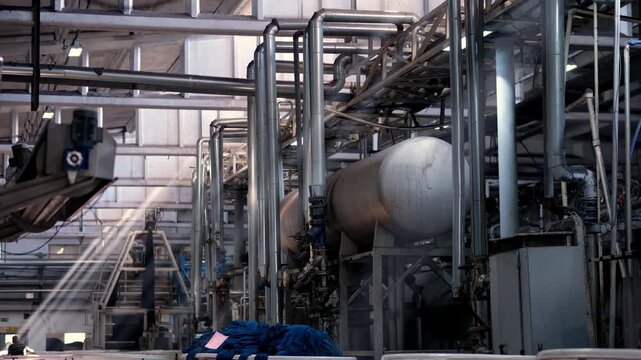 Large tanks, pipe systems and heavy machinery inside a modern textile factory. Professional industrial footage reflecting large scale manufacturing infrastructure and production technology.