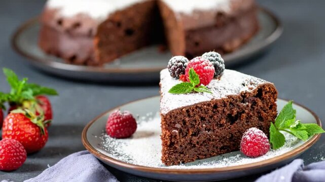 Delicious chocolate cake slice with fresh berries and powdered sugar