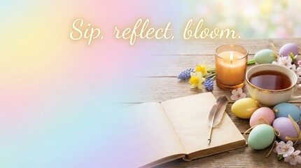 Colorful Easter eggs and spring flowers with a book and tea  