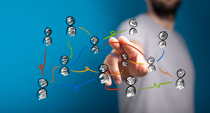 Abstract drawing of people connected, representing teamwork and cooperation. Ideal for business, communication, and stra