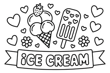 Ice cream illustration with hearts and flowers for kids coloring book