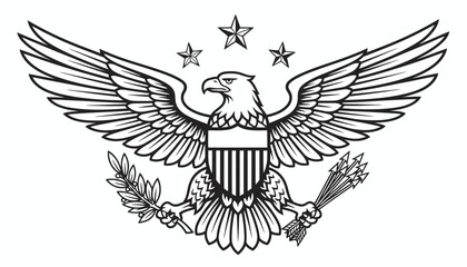 Obraz premium Bald Eagle Emblem Vector – Olive Branch, Arrows, Shield, Stars, American National Symbol