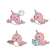Cute cartoon narwhals showing approval and reading in a minimalist style ©  Mamun Stock