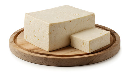 A block of tofu on a wooden cutting board with a slice cut off