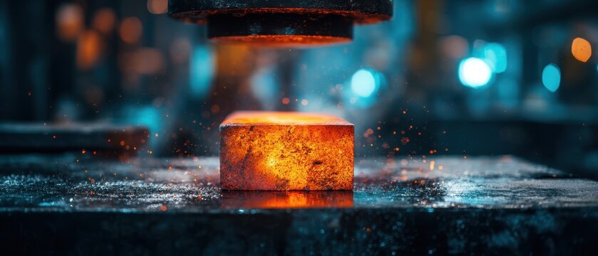 Industrial Hydraulic Press Forging Red Hot Metal Block. Glowing Steel Ingot with Flying Sparks on Dark Blue Cinematic Background
