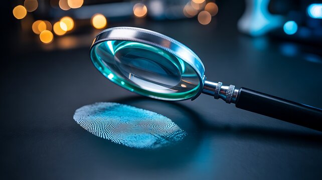 Magnifying glass analyzing fingerprint evidence on dark surface for forensic investigation concept  