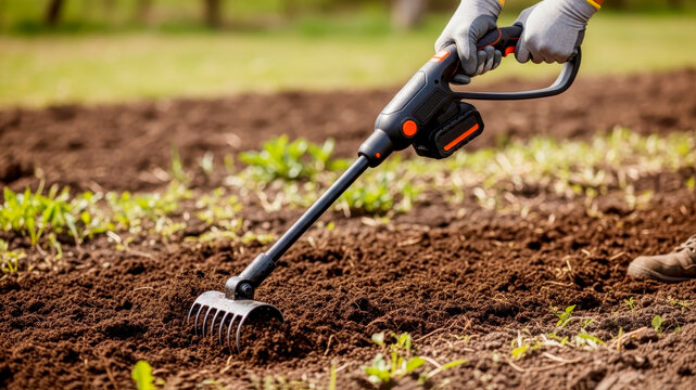 A farmer uses an automatic cultivator with a power supply to cultivate the soil during the spring vegetable planting season.