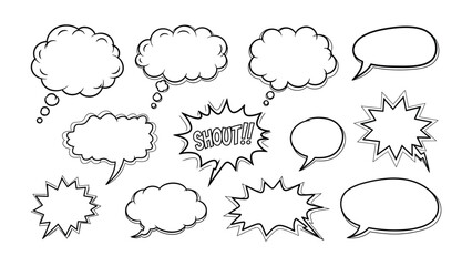 Comic Speech Bubbles: A collection of various comic speech bubbles isolated, ready to convey thoughts, dialogue, or announcements with playful expression.