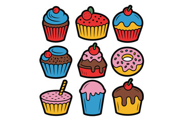 A colorful illustration of cupcakes and a donut on a beige background