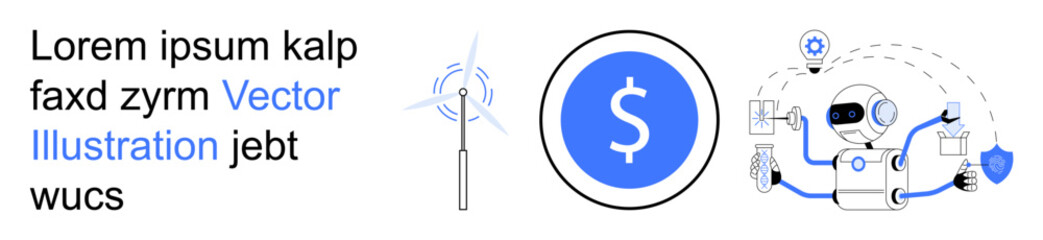 Obraz premium Digital finance, renewable energy, automation, AI applications, financial technology, innovation. Robot interacting with financial and energy elements. Digital finance and renewable energy concept