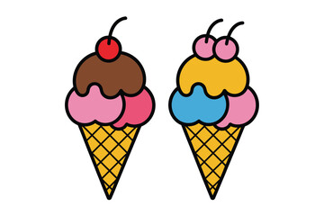An ice cream vector illustration of two colorful cones with cherries