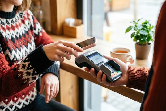 Customer taps smartphone on card terminal for contactless payment inside cozy cafe, showing modern cashless checkout and convenience service technology