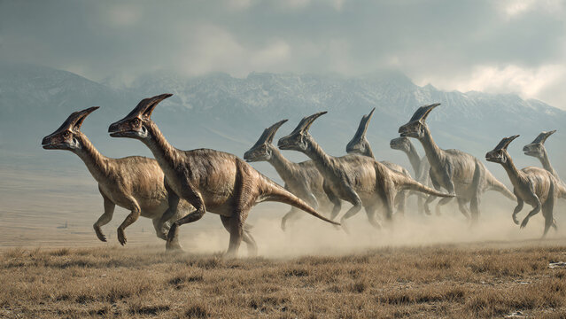 Herd of parasaurolophus dinosaurs running on dry plain, suitable for prehistoric educational materials, documentaries, and childrens books.