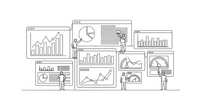 Business analytics dashboard with charts and graphs, small people interacting with data