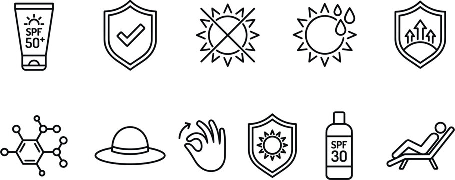 SPF 50 Sunscreen and UV Protection Line Icon Set with Sun Shield Summer Safety Symbols