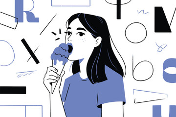 A woman enjoying blue ice cream in a modern illustration style
