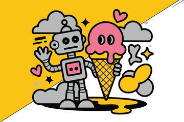 A robot character holding a pink ice cream cone illustration