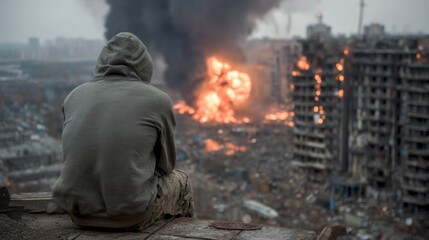 A lone figure sits amidst a scene of destruction and chaos. The cityscape is engulfed in smoke and flames. This image conveys the harsh reality of conflict. Evokes deep emotion. AI