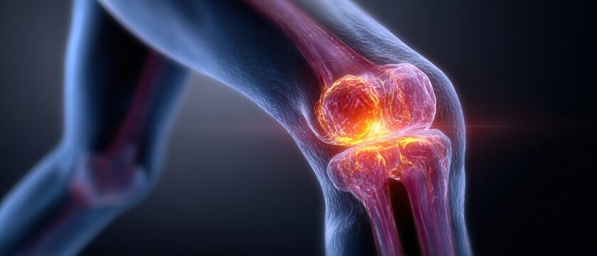 Human knee pain and joint inflammation. 3D illustration of leg anatomy with glowing red area showing arthritis, rheumatism, injury or osteoporosis on dark background.