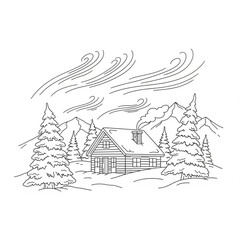 A minimalist line art illustration of a cozy cabin in a snowy forest with mountains in the background