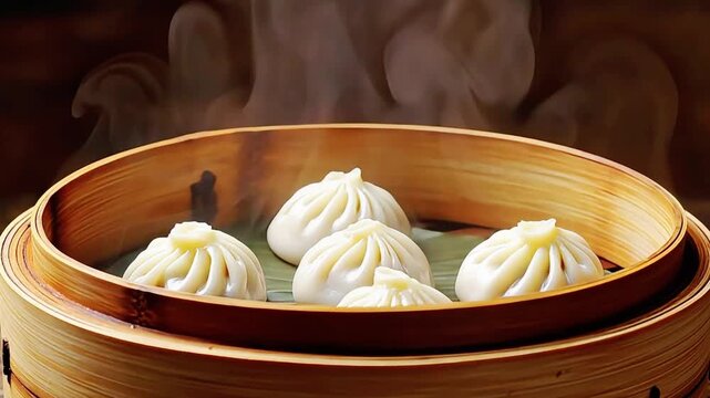 Close-up of steamed soup dumplings in bamboo basket, delicate pleats glowing under warm light, gentle steam rising, rich wood tones, cinematic food style perfect for menu, restaurant, blog, and culina
