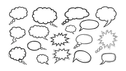 Blank Canvas: A collection of various comic book speech bubbles or thought bubbles, offering ample space for personalized messages, representing communication, thoughts, and ideas.