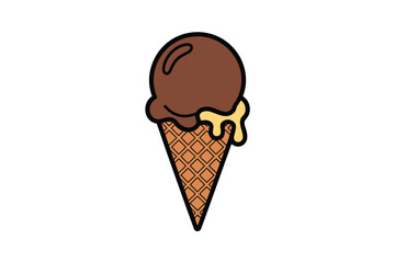 A chocolate ice cream icon in a waffle cone illustration