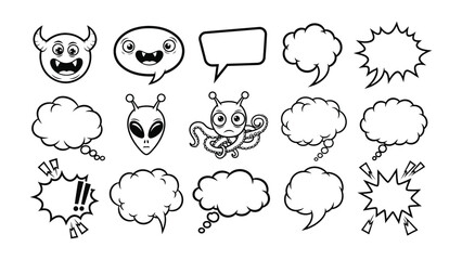 Fototapeta premium Comic Elements and Expressions: A set of comic-style speech bubbles and quirky character illustrations, perfect for adding a touch of humor and visual flair to any project.