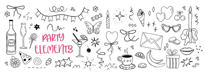 Fototapeta premium A set of hand drawn simbol for a party with doodles. bow, dessert, gift, strawberries, balls: isolated elements. of icon sketches for invitation, flyer, poster. Vector art illustration