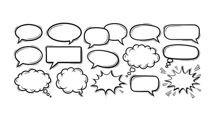 Fototapeta premium Conversation Bubbles: A collection of various hand-drawn speech bubbles in black and white. Perfect for expressing thoughts, dialogue, and ideas.