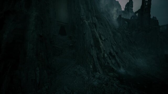ancient stronghold on cliff at dusk, steep rocky approach with mossy masonry and shadowed gate cinematic expedition shot shows explorer mapping chamber