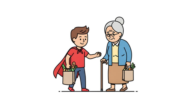 A heartwarming illustration depicts a young individual assisting an elderly person with their groceries, symbolizing compassion and community spirit.