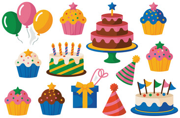 Birthday sweets illustration with cupcakes cakes and party decorations