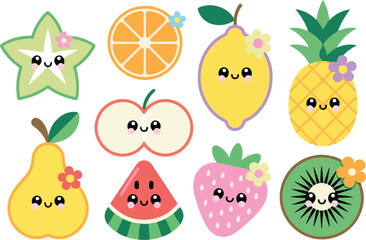 Cute cartoon fruit and berry collection illustration with animals and nature elements © NARIQ