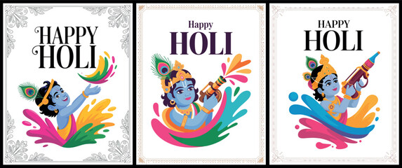 Fototapeta premium Happy Holi with Krishna and Colorful Splash