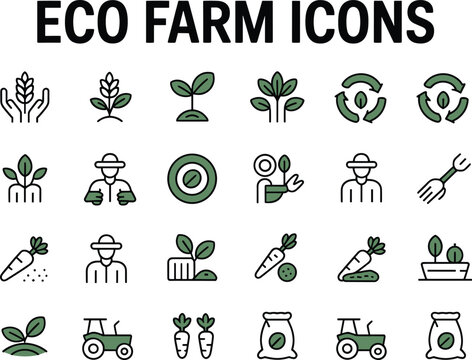 Eco farm with green and black on white background sustainable agriculture eco farm, green, black, white, sustainable agriculture, farming, plants, seeds, gardening, tractor, tools, recycling, eco frie