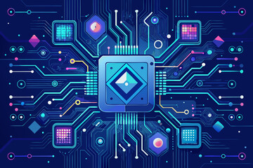 Square central processing unit chip is surrounded by intricate blue circuitry patterns and various glowing hexagonal nodes on a dark background.