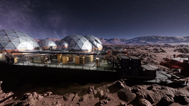 martian habitat exterior walkway under stars, connected dome modules with sensor arrays and illuminated handrails, storage pods and access hatches, cold