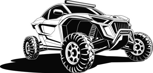 Off‑road vehicle silhouette vector illustration, rugged automotive design with deep‑tread tires, suspension, bumper, and adventure motifs © MoonMoonAktar